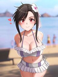 1girls abs arms_behind_back beach bikini black_hair breasts canadiananiguy female female_only final_fantasy final_fantasy_vii final_fantasy_vii_rebirth final_fantasy_vii_remake flower_in_hair frilled_bikini hands_behind_back hidden_hands large_breasts looking_at_viewer red_eyes smile solo square_enix swimsuit thick_thighs thighs tifa_lockhart wide_hips