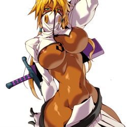 1:1 1girls areola_slip arm_behind_head ass big_breasts bleach blonde_hair blush breast_tattoo breasts character_name clothing_cutout colored_eyelashes cropped_jacket dark-skinned_female dark_skin female female_focus female_only green_eyes hip_vent hollow_hole huge_breasts large_breasts looking_at_viewer medium_hair navel number_tattoo shiny_skin stomach sword tattoo tia_harribel tier_harribel underboob weapon wide_hips yoshitsuki