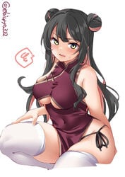 bangs black_hair black_panties blush china_dress chinese_clothes cute_fang double_bun ebifurya embarrassed female female_only fully_clothed kantai_collection long_hair looking_at_viewer medium_breasts naganami_(kantai_collection) pink_highlights side-tie_panties side_slit sidelocks sleeveless solo sweatdrop thick_thighs thighhighs tight_clothing two_tone_hair underboob white_legwear white_thighhighs yellow_eyes