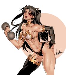 1girls abs athletic_female belly_button black_hair bowalia earrings fate/grand_order fate_(series) fit_female flat_chest ishtar_(fate) jewelry legwear looking_at_viewer muscular_arms muscular_female muscular_thighs navel red_eyes small_breasts smile smiling smiling_at_viewer twintails weights