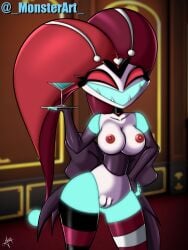 absurd_res breasts demon demon_humanoid detailed_background female genitals hazbin_hotel helluva_boss hi_res humanoid kitty_(hazbin_hotel) monsterart nipples nude open_mouth open_smile pussy red_eyes smile teeth thick_thighs