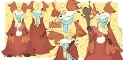 1:1 absurd_res animal_genitalia animal_penis anthro balls big_balls big_penis canine_genitalia canine_penis delphox erection eyewear fallenpie_(artist) fur generation_6_pokemon genitals glasses hi_res inner_ear_fluff knot koi_the_braixen male male_only model_sheet neck_tuft nintendo penis pokemon pokemon_(species) scarf sheath smile smug solo staff standing tuft