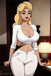 1girls ai_generated blonde_hair cleavage curvaceous curvy curvy_body curvy_female curvy_figure earrings female female_only hourglass_figure inner_sideboob kelly_(tdi) light-skinned_female light_skin milf mrseyker pixai solo solo_female the_ridonculous_race total_drama_(series) total_drama_island voluptuous voluptuous_female white_clothing