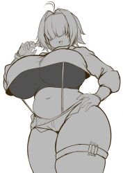 :3 ahoge big_breasts breasts chubby chubby_female cute_fang elegg_(nikke) female goddess_of_victory:_nikke hair_over_eyes huge_breasts navel short_shorts shorts skindentation suspenders tailzkim thick_thighs thigh_strap white_background wide_hips