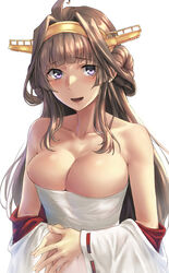 ahoge bangs bare_shoulders big_breasts blush brown_hair bursting_breasts cleavage clothes_down double_bun female female_only hairband headgear kantai_collection kokuzou kongou_(kantai_collection) long_hair looking_at_viewer purple_eyes sarashi sidelocks smile solo upper_body