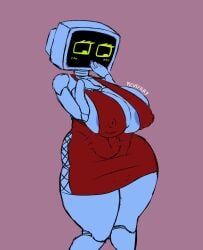 1girls areolae_slip big_breasts blush breasts curvy dress female female_only karen_plankton red_dress revifrry robot robot_girl solo solo_female spongebob_squarepants tv tv_head