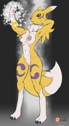 absurd_res arashidrgn bandai_namco black_sclera breasts canid canine digimon digimon_(species) english_text female fur genitals hi_res mammal nipples nude pussy renamon solo text tuft white_body white_fur yellow_body yellow_fur