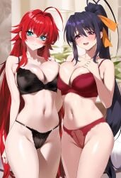 2girls ai_generated akeno_himejima big_ass bikini blushing_female breast_to_breast cleft_of_venus curvy_females females_only girlfriends high_school_dxd indoors large_breasts lesbian_couple rias_gremory rias_x_akeno smile yuri yuri yuri