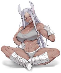 1girls abs absurd_res alternate_costume animal_ears bare_shoulders big_breasts breasts bunny_ears bunny_tail cleavage clenched_teeth clothing collarbone crossed_legs curvy dark-skinned_female dark_skin eyelashes female female_focus female_only gloves grin huge_breasts human large_breasts looking_at_viewer miruko muscular_female my_hero_academia navel panties parted_lips pinup red_eyes rumi_usagiyama shiny_skin simple_background sitting smile socks solo solo_female sports_bra tail teaindian teeth thick_thighs thighs tomboy very_long_hair white_background white_hair