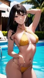 1girls ai_generated ai_mirror arm_up armpit belly_button bikini black_hair blush brown_eyes bushes earrings hand_behind_head house long_hair looking_at_viewer palm_tree pool pool_ladder poolside posing small_breasts smile white_skin yellow_bikini