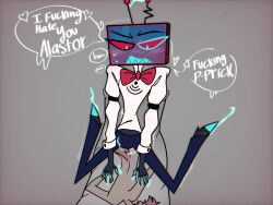 alastor_(hazbin_hotel) antenna_wire blush bodypillow cyan_nails dialogue dry_humping eletricity grinding hazbin_hotel hearts_around_head humping_pillow red red_eyes remyyarttnsfw rivalry rivals tv_head vivziepop vox_(hazbin_hotel)