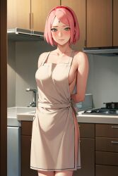 1girls adjusting_clothes ai_generated apron apron_only arms_behind_back bijin_hahaoya bindi blush boruto:_naruto_next_generations breasts collarbone curvy curvy_body curvy_figure eyebrows female female_focus female_only forehead_mark green_eyes hair hairband head_tilt indoors kitchen light-skinned_female light_skin lips looking_at_viewer naked_apron naruto naruto:_the_last naruto_(series) naruto_shippuden no_bra no_panties no_underwear pink_hair sakura_haruno sakura_haruno solo solo_female stable_diffusion thighs tying_apron