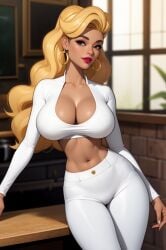 1girls ai_generated blonde_hair cleavage curvaceous curvy curvy_body curvy_female curvy_figure earrings female female_only hourglass_figure inner_sideboob kelly_(tdi) light-skinned_female light_skin milf mrseyker pixai solo solo_female the_ridonculous_race total_drama_(series) total_drama_island voluptuous voluptuous_female white_clothing