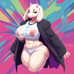 abstract abstract_art abstract_background ai_generated anthro ass boss_monster breasts buttons coat deltarune diplive7 female furry goat horns milf mommy mommy_kink muscular nipples panties simple_shading thick_ass thick_thighs thighs toby_fox toriel transparent_clothing trenchcoat undertale undertale_(series) vector_art_style vibrant vibrant_background white_shirt white_top