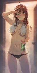 1girls after_shower black_panties female_focus functionally_nude green_eyes holding_hair holding_object looking_at_viewer looking_down_at_viewer low_cut_panties miori_celesta newbie_132 red_hair soda soda_can solo_focus towel towel_around_neck tsunderia virtual_youtuber vtuber wet