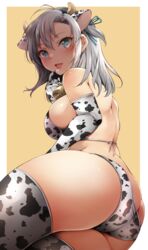 big_ass big_breasts bikini cow_bikini cow_ears cow_horns cow_print cow_print_armwear cow_print_thighhighs cowbell female_only kantai_collection kinugasa_(kantai_collection) looking_at_viewer looking_back medium_hair open_mouth silver_hair solo thick_thighs thighhighs tongue_out