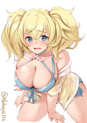 bangs big_breasts bikini blonde_hair blue_bikini blue_eyes blush cleavage ebifurya embarrassed female female_only gambier_bay_(kantai_collection) hair_between_eyes hoodie huge_breasts kantai_collection looking_at_viewer messy_hair sitting solo sweatshirt sweatshirt_and_bikini swimsuit twintails