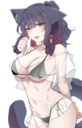 1girls animal_ears animal_tail arknights bikini bikini_bottom bikini_top black_bikini black_hair cat_ears cat_tail catgirl embarrassed female female_focus female_only flat_belly green_eyes jessica_(arknights) jessica_the_liberated_(arknights) k0ng large_breasts light-skinned_female light_skin long_hair looking_at_viewer sadcat_(arknights) shy tagme thick_thighs transparent_clothing white_background