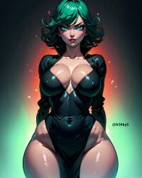 1girls abs ai_generated big_breasts breasts dress female female_only fit fit_female fr34ky green_hair muscular muscular_female one-punch_man solo tatsumaki thick_thighs wide_hips