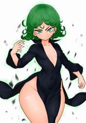 1girls antigens black_dress bottom_heavy curly_hair female female_only green_eyes green_hair highres looking_at_viewer no_panties one-punch_man short_hair simple_background small_breasts solo tatsumaki younger_female