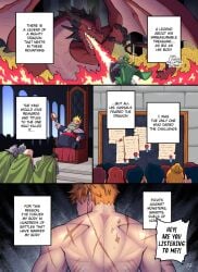 comic dragon english_text fire kawa-v king knight male muscles muscular muscular_back muscular_male non-sexual orange_hair original_character page_2 people_in_background scar short_hair text text_bubble treasure