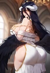 1girls ahoge ai_generated albedo_(overlord) ass ass_focus back back_view bangs bare_shoulders bedroom_eyes big_ass big_breasts big_butt black_hair black_wings blurred_background blurry_background blush busty chandelier cleavage closed_mouth clothed clothing clothing_cutout color dress eyebrows eyelashes feathered_wings female female_focus female_only floox frills from_behind gold_(metal) gold_jewelry hair_between_eyes half-closed_eyes hi_res hips horns indoors large_breasts light-skinned_female light_blush light_skin lips long_hair looking_at_viewer looking_back looking_over_shoulder off_shoulder orange_eyes overlord_(maruyama) plump_ass plump_thighs rear_view revealing_clothes round_ass round_butt sideboob slit_pupils solo solo_female succubus succubus_costume succubus_horns succubus_wings thiccwithaq_(ai_style) thick_ass thick_thighs viewed_from_behind voluptuous white_clothing white_dress wings yellow_eyes