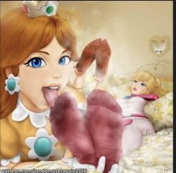 2girls bed bedroom blonde_hair brown_hair feet foot_fetish foot_focus foot_play foot_worship mario_(series) princess_daisy princess_peach randomuseragain2016 smelly_feet smelly_socks sniffing_feet sniffing_socks socks super_mario_bros. tagme yuri