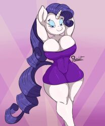 2019 arms_behind_head arms_up big_breasts big_cleavage blue_eyes blue_eyeshadow breasts cleavage dress female female_focus female_only friendship_is_magic hasbro long_hair my_little_pony pachislot purple_background purple_dress purple_hair rarity_(mlp) thick_thighs thighs white_body