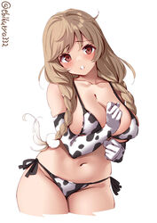 :o big_breasts bikini blush braided_hair braided_twintails braids cleavage cow_bikini cow_print cow_print_armwear curvy ebifurya elbow_gloves embarrassed female female_only gloves kantai_collection light_brown_hair long_hair looking_at_viewer minegumo_(kantai_collection) navel red_eyes shy side-tie_bikini solo thick_thighs wide_hips