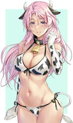 big_breasts bikini cleavage cow_bikini cow_ears cow_horns cow_print cow_print_armwear cow_tail cowbell kantai_collection kokuzou long_hair looking_at_viewer luigi_di_savoia_duca_degli_abruzzi_(kantai_collection) pink_eyes pink_hair side-tie_bikini smile wide_hips