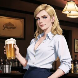 ai_generated alcohol bar beer better_call_saul blonde_hair button_down_shirt kim_wexler looking_at_viewer pub solo stable_diffusion