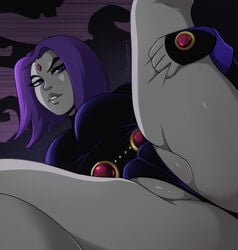 1girls bare_legs breasts cambion cameltoe cleft_of_venus clothed clothing dc dc_comics demon demon_girl female female_only forehead_jewel goth grey_skin half_demon leg_lift legs_up leotard looking_at_viewer pale-skinned_female pale_skin partially_visible_vulva purple_eyes purple_hair pussy rachel_roth raven_(dc) ravenemore smooth_skin solo solo_female spread_legs teen_titans thong_leotard