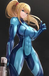 1girls 2021 abs alternate_breast_size beauty_mark blonde_hair blue_bodysuit blue_eyes bodysuit breasts female female_focus female_only fit_female gonzarez gun hips large_breasts long_hair metroid mole_under_mouth nintendo ponytail samus_aran simple_background skin_tight skin_tight_suit slim_waist smile thick_thighs thighs thumbs_up tight_clothing tight_fit weapon wide_hips zero_suit zero_suit_samus