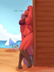 animal_crossing anthro beach big_breasts bikini breasts canid canine canis cherry_(animal_crossing) closed_eyes clothing dialogue domestic_dog erection female gobsmacker hi_res human humor mammal masturbation nintendo seaside solo swimwear thick_thighs tongue tongue_out video_games villager_(animal_crossing)