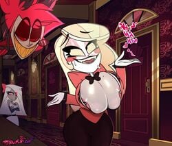 alastor_(hazbin_hotel) alternate_breast_size angry areola_slip being_watched big_breasts blonde_hair blushing bowtie charlie_morningstar_(hazbin_hotel) cleavage clothing hazbin_hotel huge_breasts large_breasts mostly_clothed neckwear screencap screenshot screenshot_edit straight_hair tudduls tuxedo vaggie_(hazbin_hotel)