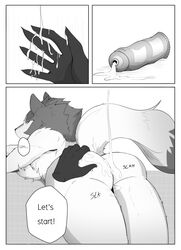 2021 absurd_res anthro ass brand_new_animal canid canine canis comic duo english_text futa_on_male futanari greyscale hand_on_ass hand_on_butt hi_res hyaenid hyena intersex kakhao lube lying male mammal michiru_kagemori monochrome offscreen_character on_front shirou_ogami spotted_hyena studio_trigger text wolf