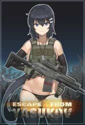 1girls bepa blue_eyes dark_blue_hair dog_tag escape_from_tarkov escape_from_yasukov eyebrows eyebrows_visible_through_hair eyelashes female female_only fluf.p gloves gun hair_clips half_dressed holy_shit_that_build_sucks looking_at_viewer saiga-12 scantily_clad sideboob smile stockings tactical_nudity tactical_vest