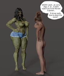 ass_visible_through_thighs big_breasts bigger_female black_hair breasts comic english english_text female femdom forced green_skin hairy hairy_legs male malesub misuzalha3d olga_(misuzalha3d) scared shorts shoulder_length_hair size_difference speech_bubble strong surprised taller_female taller_girl text thick_ass topless ugly_woman witch