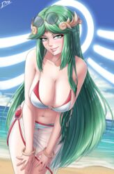 breasts diskette female female_focus female_only goddess green_eyes green_hair kid_icarus light-skinned_female long_hair looking_at_viewer nintendo ocean palutena smile smiling_at_viewer solo solo_female sweat thighs voluptuous