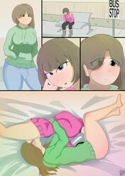 2futas 69 69_position backpack balls balls_on_face big_penis black_leggings blue_eyes boots bottomless breasts brown_hair bulge clothed clothing comic_page detailed_background duo fellatio fully_clothed futa_only futanari green_eyes hands_in_pockets hoodie human image jacket jammpakked jeans laying_down legs_over_head light-skinned_futanari long_hair looking_at_another looking_at_viewer oral outside pale_skin partially_clothed sex sitting staring story