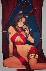 1girls barely_clothed bedroom black_hair blue_eyes earrings fabric female gold jewelry kirih kirih_(sword_scream) kirih_shiraishi ninra nudity silk two_tone_hair wine wine_glass