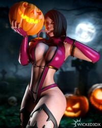 1girls 3d big_ass big_breasts big_muscles black_hair brown_hair female fighter glowing glowing_eyes halloween halloween_2021 jack-o'-lantern licking mileena monster monster_girl mortal_kombat mortal_kombat_(2011) mortal_kombat_x pumpkin solo solo_female solo_focus tanned tanned_female tanned_skin teeth thick thick_thighs thighs tongue tongue_out white_body white_skin wicked3dx