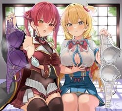 2girls akai_haato big_breasts blonde_hair bra bra_removed breasts button_gap cleavage cleavage_cutout female female_focus female_only finger_in_cleavage haachama heart heart-shaped_pupils heterochromia holding_bra hololive hololive_fantasy hololive_gen_1 hololive_japan houshou_marine huge_breasts large_breasts looking_at_viewer multiple_girls paizuri_invitation presenting red_eyes removing_bra sideboob steam sumida_bunchou virtual_youtuber youtube youtuber