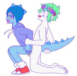 1boy 1girls basil_(omori) berly_(omori) blue_hair blue_skin blush closed_eyes cum cum_in_ass cum_inside exalteduriel female glasses green_hair human human_on_anthro male mob_face omori penetration scalie sex short_hair spikes tail