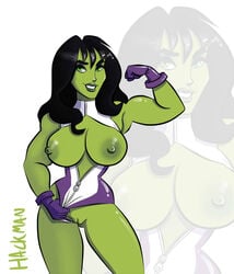 black_hair breasts breasts_out erect_nipples flexing gloves green_eyes hackman large_breasts leotard_aside marvel she-hulk unzipped