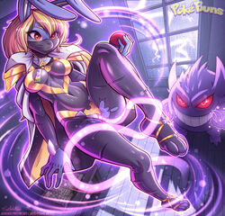 2021 anthro blonde_hair breasts clitoral_hood clitoris clothed clothing duo female fur gengar genitals glowing glowing_eyes grey_body grey_fur grin hair lagomorph leporid levitation mammal mask navel_outline nintendo original_character penetration pokéball pokémon_(species) pokemon pussy rabbit red_eyes sallyhot smile torn_clothing vaginal_penetration video_games