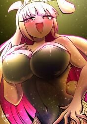 big_breasts blush bunny_girl bunny_suit female female_only fishnet_legwear friday_night_funkin hand_on_breast long_hair looking_at_viewer nikusa_(sugarratio) pain playboy_bunny pov smile teasing thick_thighs thin_waist