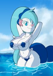 aqua_hair arms_behind_head beach bikini black_pupils blue_eyes blue_hair cleavage female large_breasts long_hair looking_at_viewer marine nintendo pokémon_(species) pokemon pose primarina shell_bikini smile solo solo_female tagme tansau thick_thighs tortoisesensei water