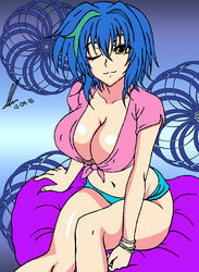 alkardrawings blue_hair breasts female female_focus female_only female_solo green_hair high_school_dxd light-skinned_female one_eye_closed short_blue_hair short_hair short_two_tone_hair smile solo solo_female thighs two_tone_hair voluptuous xenovia_quarta yellow_eyes