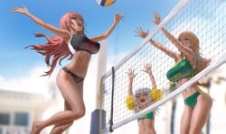 3girls beach beach_volleyball big_breasts breasts closed_eyes female female_focus female_only flat_chest flat_chested full_body fully_clothed gawr_gura high_resolution highres hololive hololive_english hololive_myth infi_mt large_breasts mori_calliope multiple_girls orange_hair panties pink_hair ponytail sport sports_bra sportswear takanashi_kiara teal_highlights trio virtual_youtuber volleyball volleyball_(ball) volleyball_net volleyball_shorts white_hair wholesome words youtube youtuber